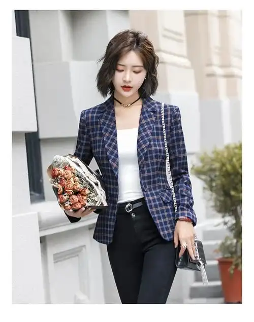 小西装女外套秋冬新款职业装女装套装修身大码休闲格子西服短外套韩版