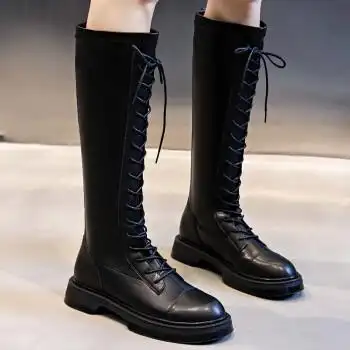 新款百搭牛皮长筒女靴高筒不过膝系带靴子皮靴冬季加绒棉靴保暖皮靴