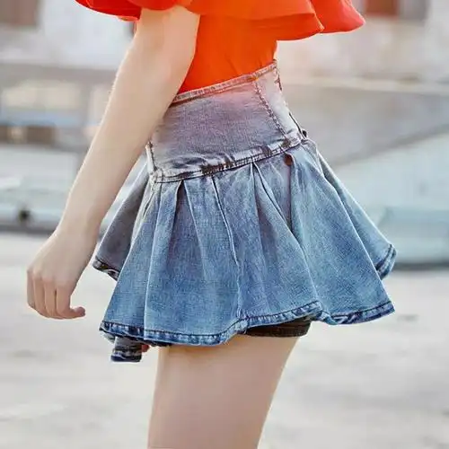 牛仔2020新款百褶裙女夏超短半身高腰牛仔裙裙裤半身裙