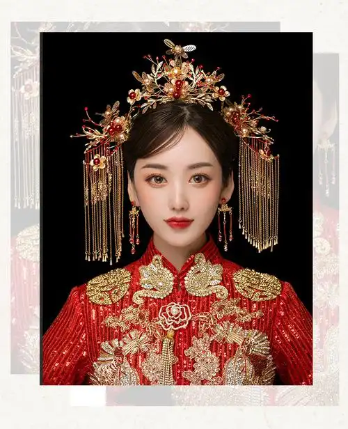 秀禾头饰简单大气女中式婚礼新娘礼服搭配发饰品凤冠流苏静影套装耳夹