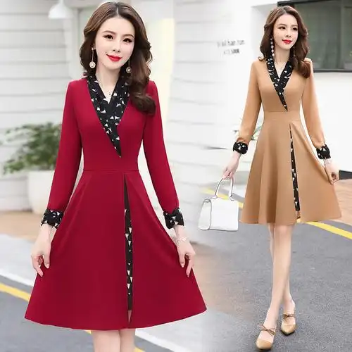 连衣裙女女士春季新品时尚红色女装流行韩版中长款雪纺春秋裙子