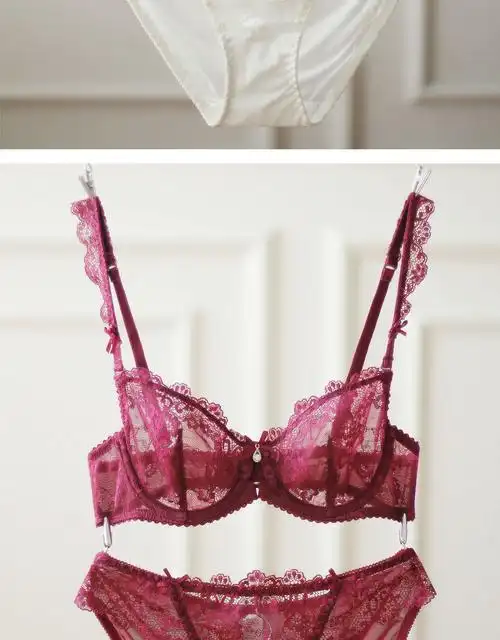 正品欧美全透明文胸小胸超薄蕾丝性感内衣套装大码网纱火辣镂空春夏