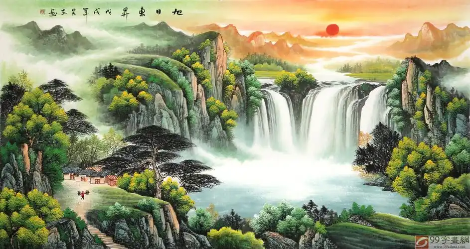 吴东 六尺聚宝盆山水画《旭日东升》 著名易经风水画家 - 聚宝盆山水