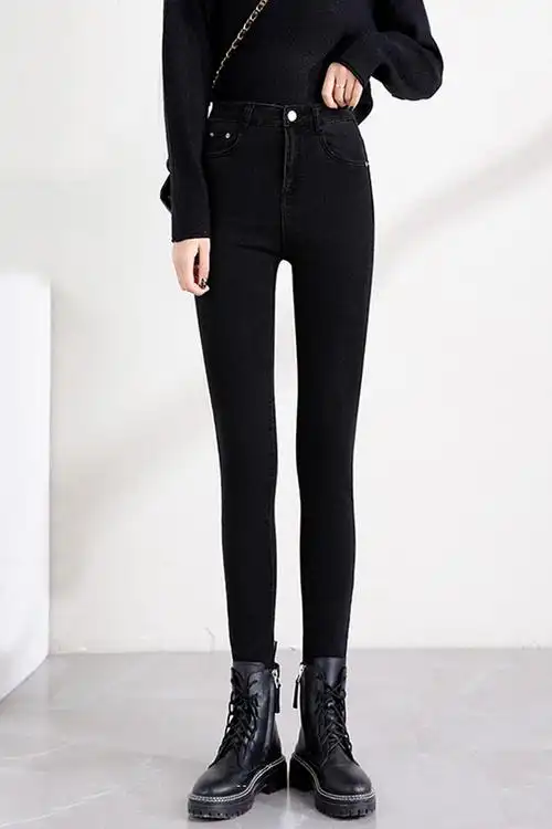 加绒加厚牛仔裤女黑色2021新款高腰显瘦紧身小脚铅笔裤ins