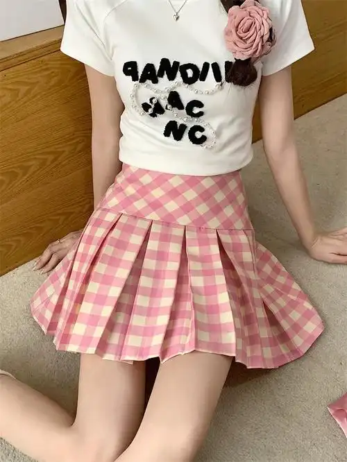 粉色格子高腰百褶裙半身裙女夏季多巴胺格纹半裙显瘦a字短裙 - 17网