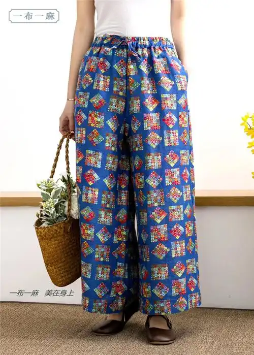 文艺印花苎麻裤子女士宽松直筒阔腿裤春季新款休闲纯麻九分裤一麻