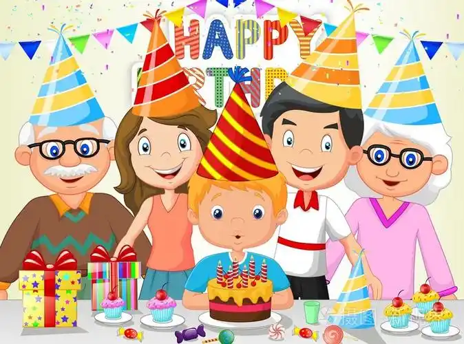 快乐的小男孩卡通吹生日蜡烛和他的家人