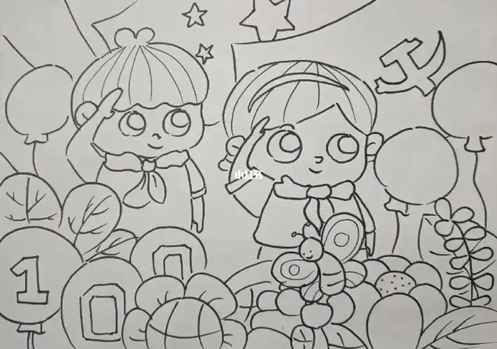 原创@幸运四叶草#童心向党主题儿童画