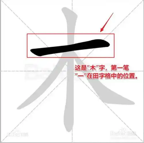 接下来将演示"木"字第一笔"横"在田字格中的书写