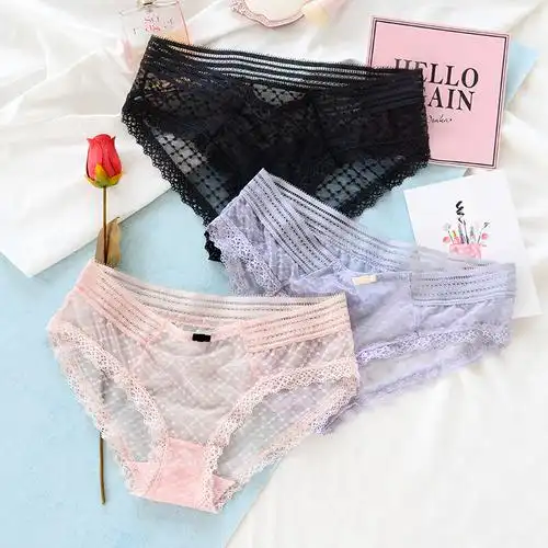 日系少女透明网纱性感内裤女中腰蕾丝女士三角裤头女生纯棉裆底裤黑色