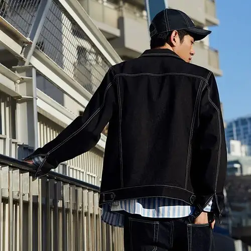 太平鸟男装 秋季新品牛仔夹克男工装缉明线黑夹克韩版翻领茄克潮