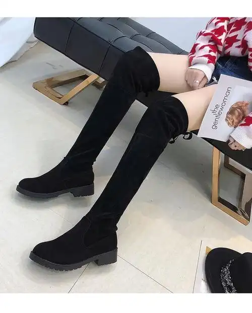 长靴过膝平底长靴子女学生韩版粗腿弹力靴过膝靴高筒马靴 黑色【加绒