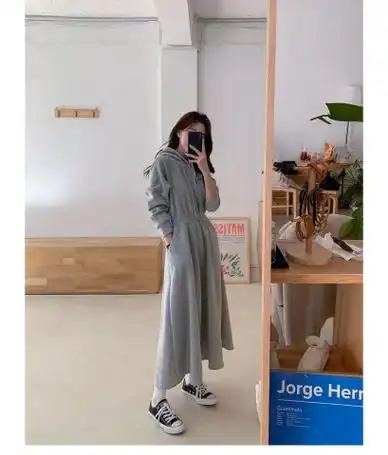 现货卫衣裙大码春秋季卫衣裙女长款显瘦显高过膝高腰连帽连衣裙