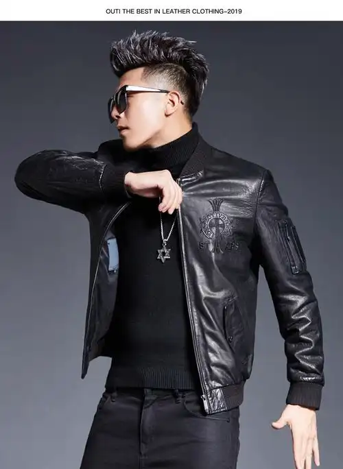 男士皮衣绵羊皮海宁皮夹克短款棒球服修身机车印花潮男薄外套黑色170l