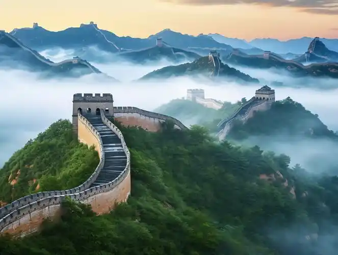 清晨云雾缭绕的雄伟长城连绵起伏的山脉中国著名景点旅行山河辽阔图