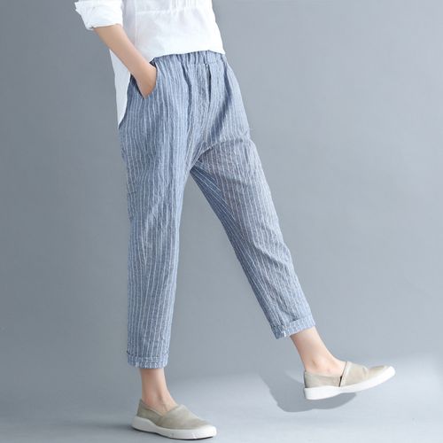 德朔夏天清凉百搭女士裤子棉麻九分裤女春夏文艺宽松条纹显瘦亚麻哈伦