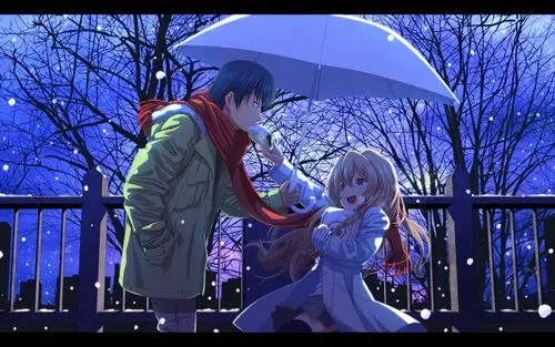 aisaka taiga,takasu ryuuji,anime,snow,umbrella,scarf,food,壁纸
