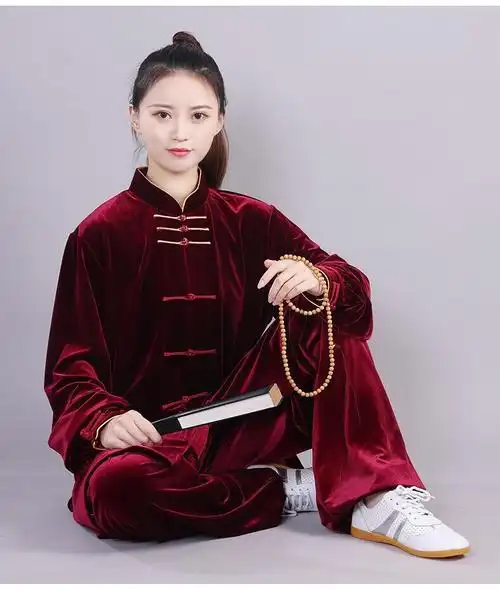 秋冬季太极服南韩绒加厚双色扣太极服套装男女款中长太极拳表演服 墨