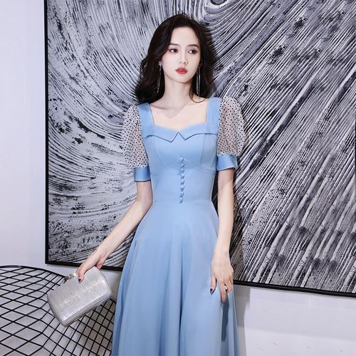 蓝色晚礼服女宴会气质轻奢小众高端高级感平时可穿连衣裙高定女装