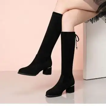 季回力休女靴长靴女2023新款加绒弹力瘦瘦中筒靴子女不过膝小个子