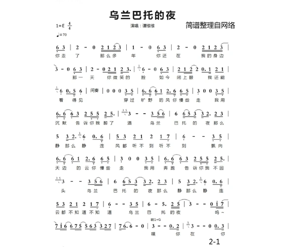 乌兰巴托的夜 简谱(谭维维版1)