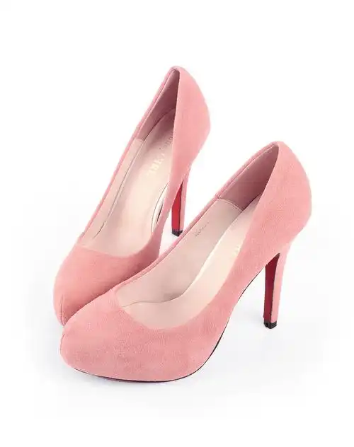 防水台粉色真皮圆头高跟鞋