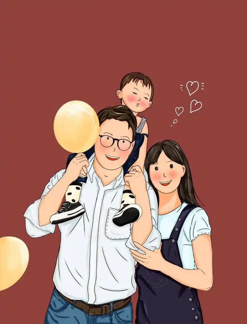亲子插画|一家三口.#亲子全家福#照片转手绘 #插画分享 - 抖音