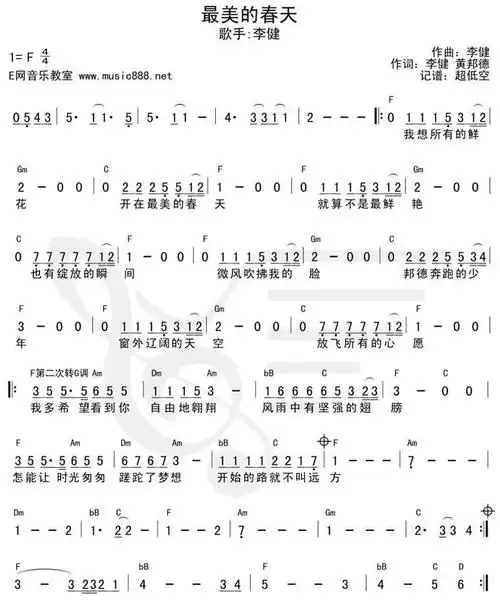 最美的春天简谱 和弦简谱-李健演唱-看谱啦