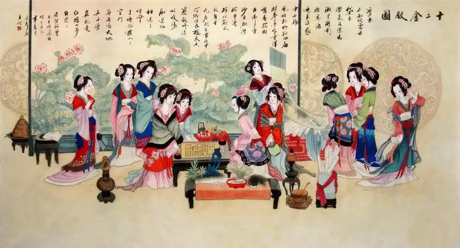 十二金钗国画作品 - 仕女图 - 99字画网