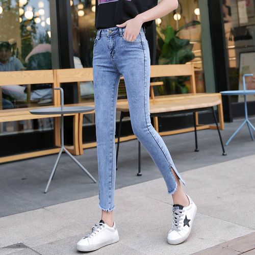 夏季时尚薄牛仔裤九分裤女割破九分裤牛仔裤女夏季显瘦中腰紧身弹力