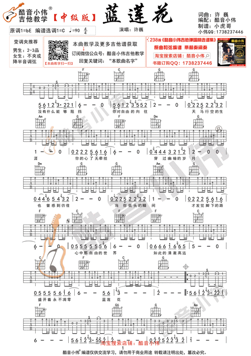 蓝莲花 中级版 酷音小伟吉他弹唱教学 许巍 吉他谱 和弦谱,简谱