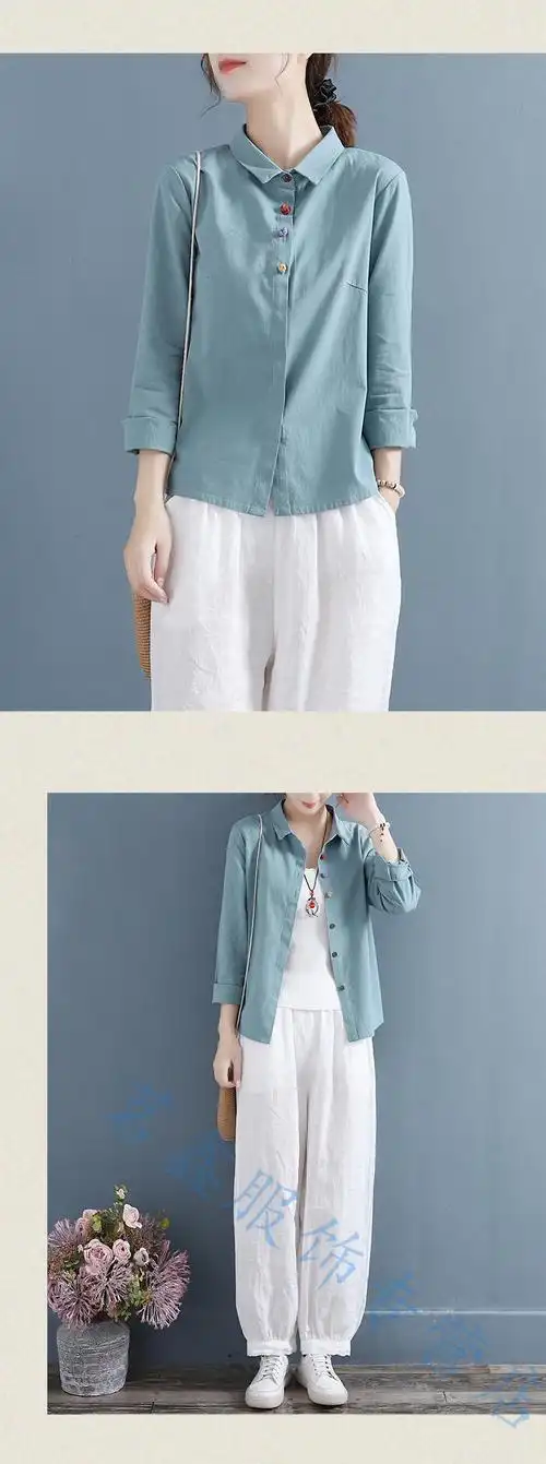 新款女士时尚麻布衣服女装款麻料女装上衣百搭女式文艺范中国风复古