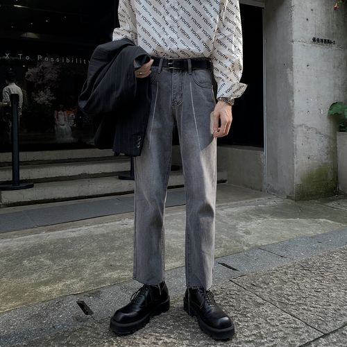 8浅蓝色水洗做旧阔腿牛仔裤男女春秋季设计感小众高腰休闲显瘦裤子已