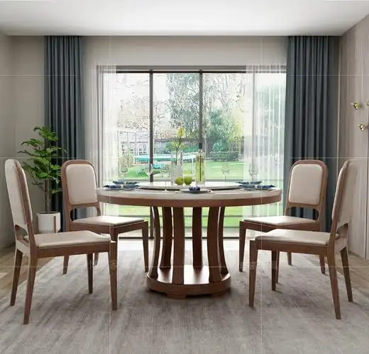 北欧大理石餐桌 现代简约实木圆桌8人家用圆形餐桌椅组合带转盘