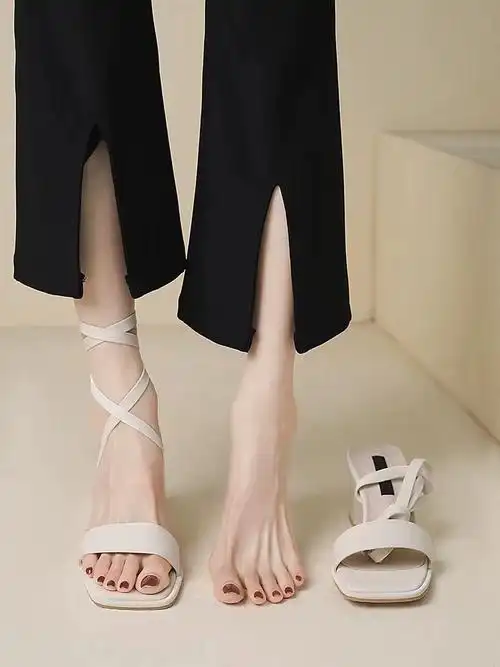 交叉绑带凉鞋女2023年新款真皮百搭网红白色高跟鞋粗跟设计感小众