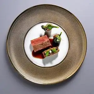 餐厅意境菜个性摆盘平底餐具欧式金线条圆形平盘点心盘子西餐盘子