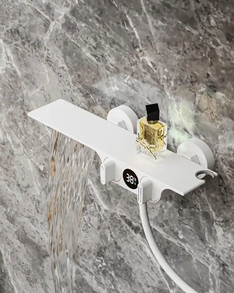 新款浴室浴缸花洒套装冷热沐浴数显空气增压方形白色置物花洒 - 抖音