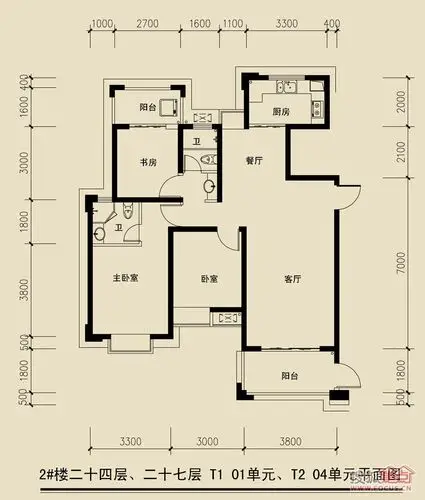 2#楼二十四层,二十七层 t1 01单元,t2 04单元平面图