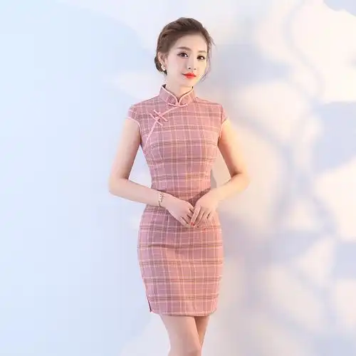 上海现代新式旗袍年轻款格子少女日常夏民国改良学生小个子旗袍优惠券