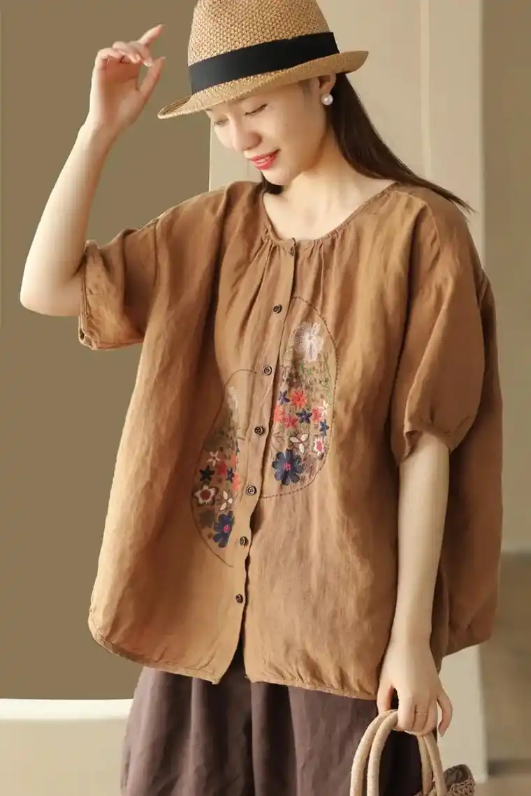 复古重工刺绣上衣女棉麻宽松圆领短袖衬衣休.40 或将近40的 - 抖音
