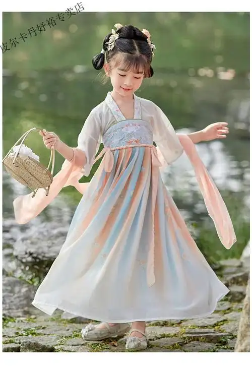 皮尔卡丹3-13岁甜美小女孩穿的儿童汉服女童夏季古装中国风连衣裙夏装