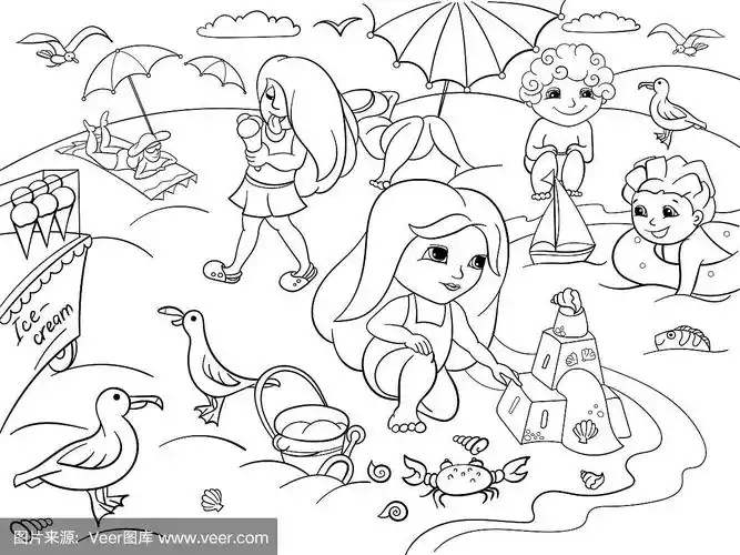 孩子们在海滩上游泳,玩玩具