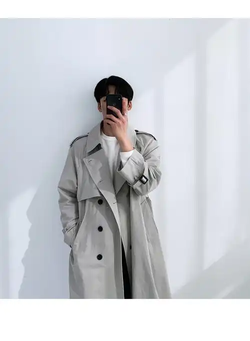 中长款风衣灰色风衣外套男士中长款春秋季男生双排扣英伦风男款大衣