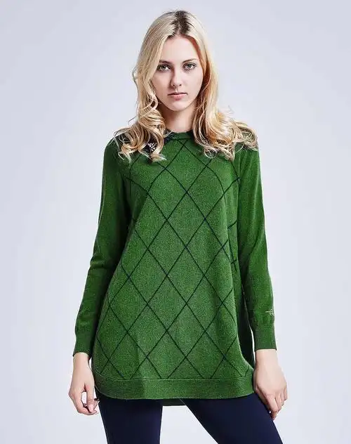 女款t恤领绿/藏青色长袖纯羊绒衫