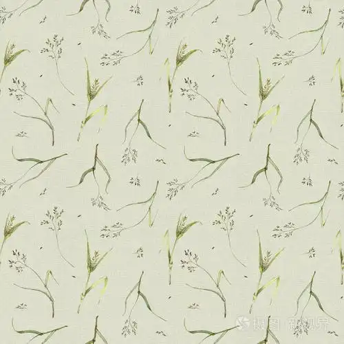 在温和的绿色背景下,田间草本植物的无缝图案.