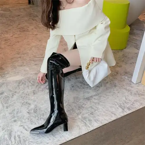 长筒过膝超长大腿靴长靴女新款弹力皮靴子漆皮高跟靴女粗跟 绒黑 36