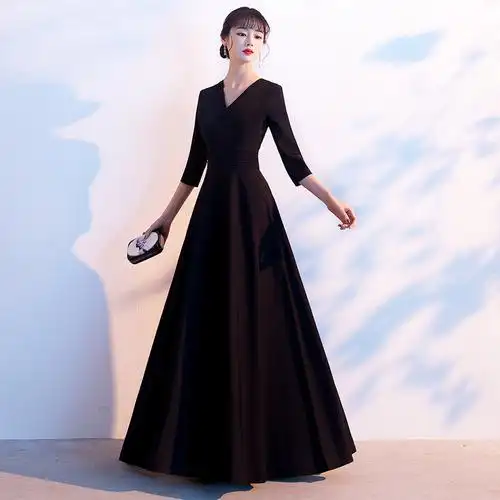 晚礼服女宴会气质赫本风长裙主持人演出服轻奢小众高级感钢琴演奏