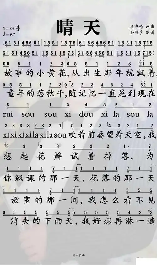 晴天简谱-周杰伦演唱-孙世彦曲谱1