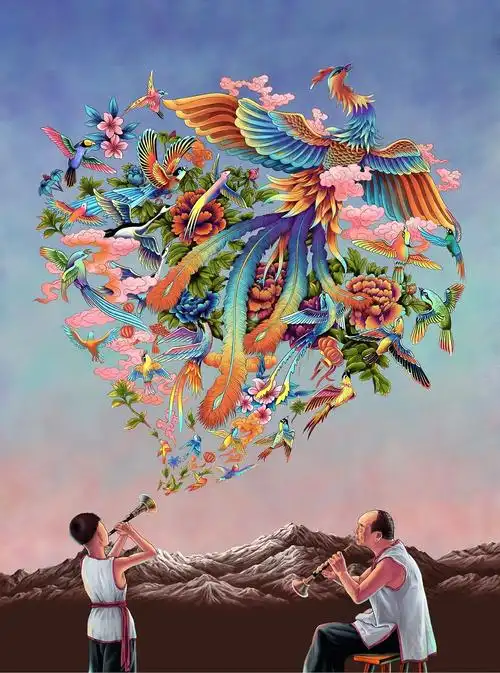 百鸟朝凤手绘版海报