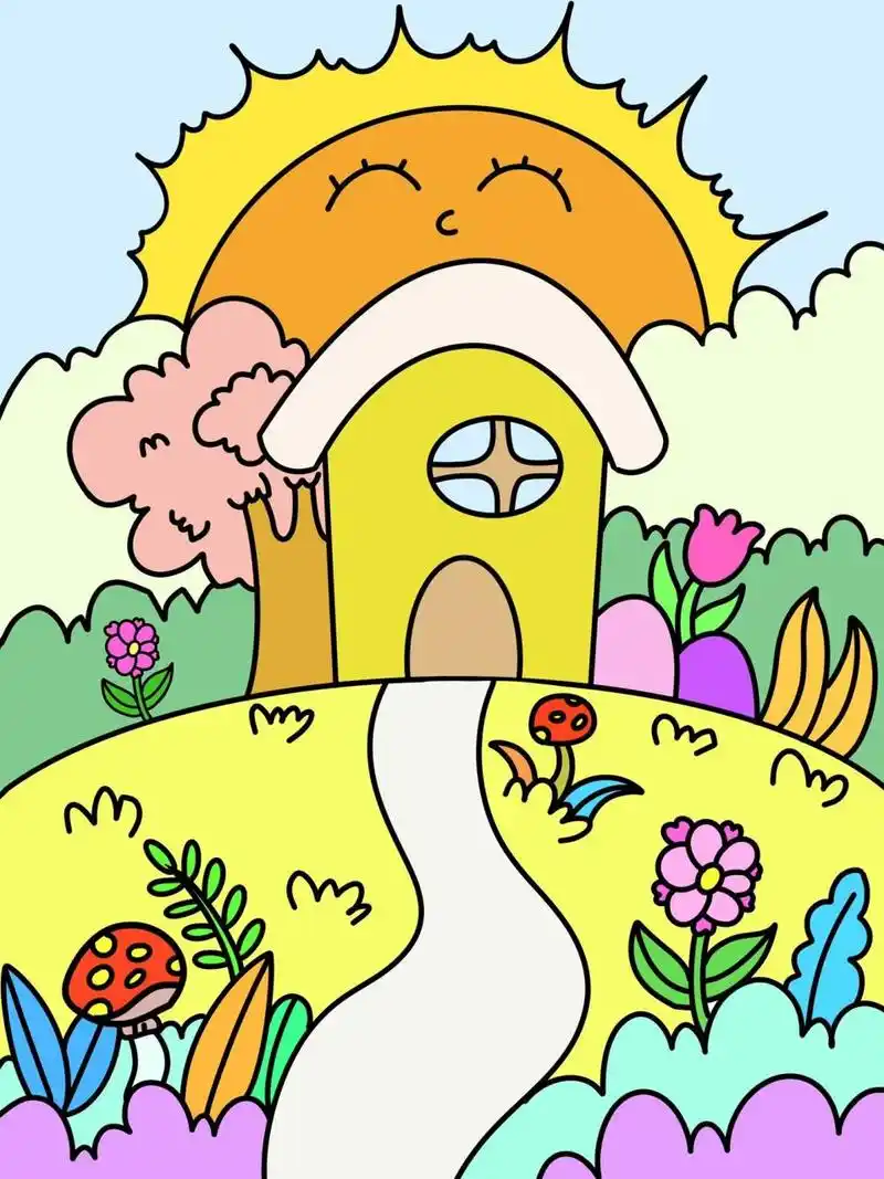 春天主题画 小房子 儿童画 创意画 带线稿 #创意美术儿童画# #儿童简